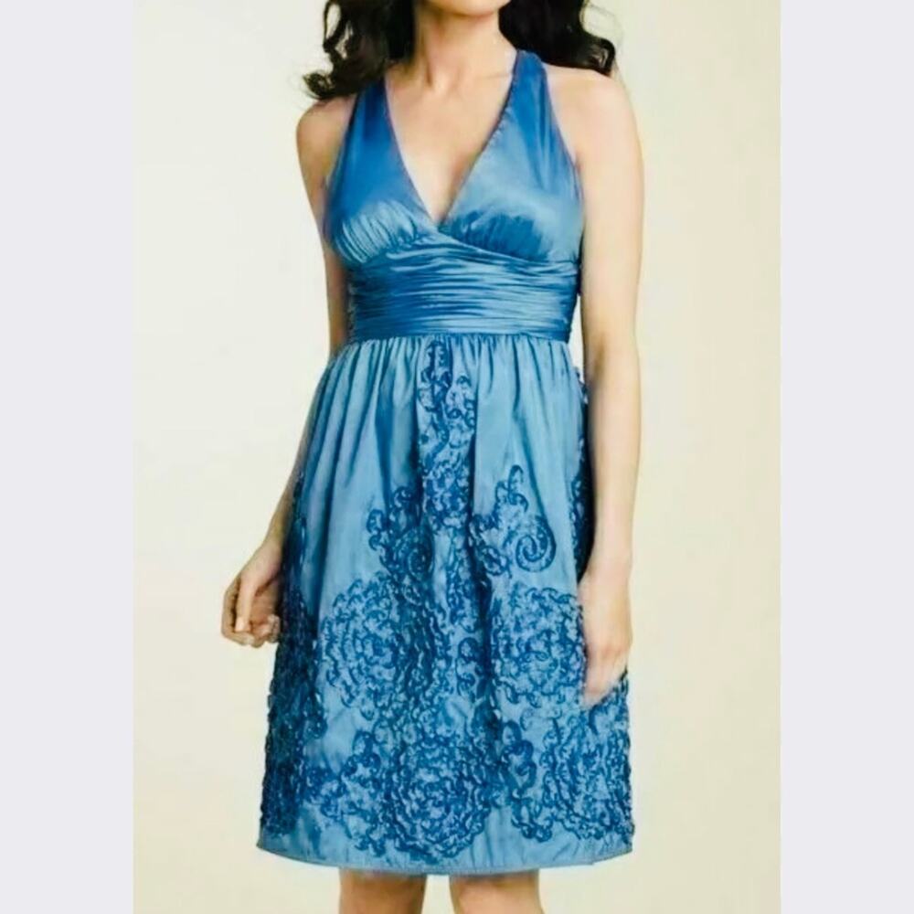 Adrianna Papell  rosette halter Kentucky Derby dress blue sz 8
